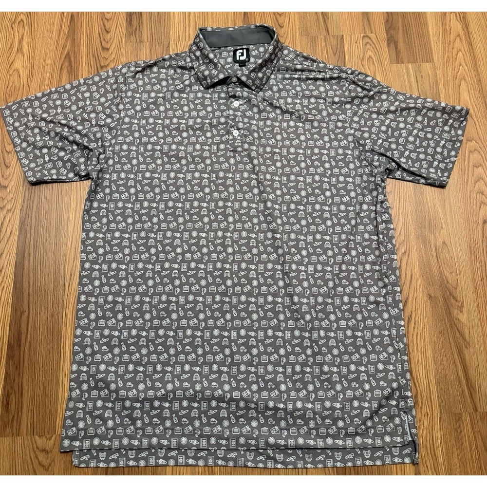 FootJoy Polo Shirt Mens Extra Large Golf Travel Print Airplane Passport Gray